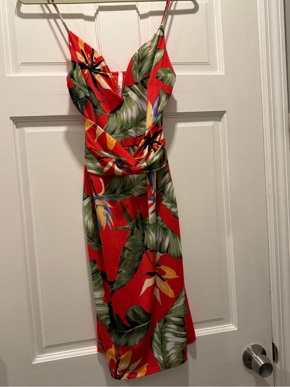 Red Tropical Midi Slip Dress with Green Leaf Print size Large